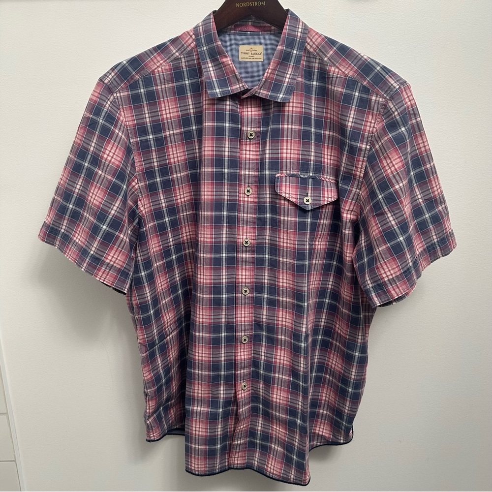 Tommy Bahama Jeans Short Sleeve Plaid Button Down Shirt Blue Pink Men’s Size XL